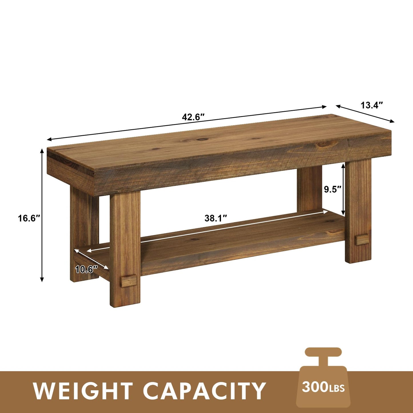 HOKYHOKY Solid Wood Entryway Bench - 42.6" Farmhouse Long Storage Benches, Narrow Bench Seat for Indoor, Entryway, Dining Room, Living Room, Bedroom and Hallway, Rustic Natural