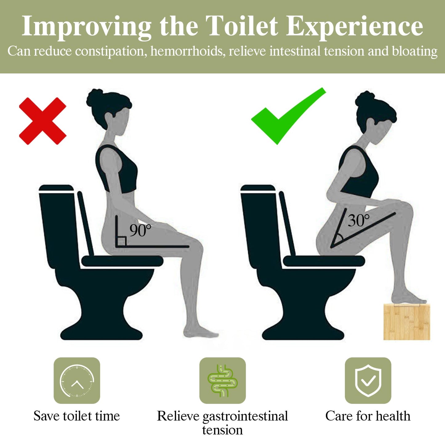 CUXFLS 7" Bamboo Toilet Stool - Foldable Non-Slip Step for Adults & Kids, Sturdy Squatting Stool for Healthy Posture, Space Saving Bathroom