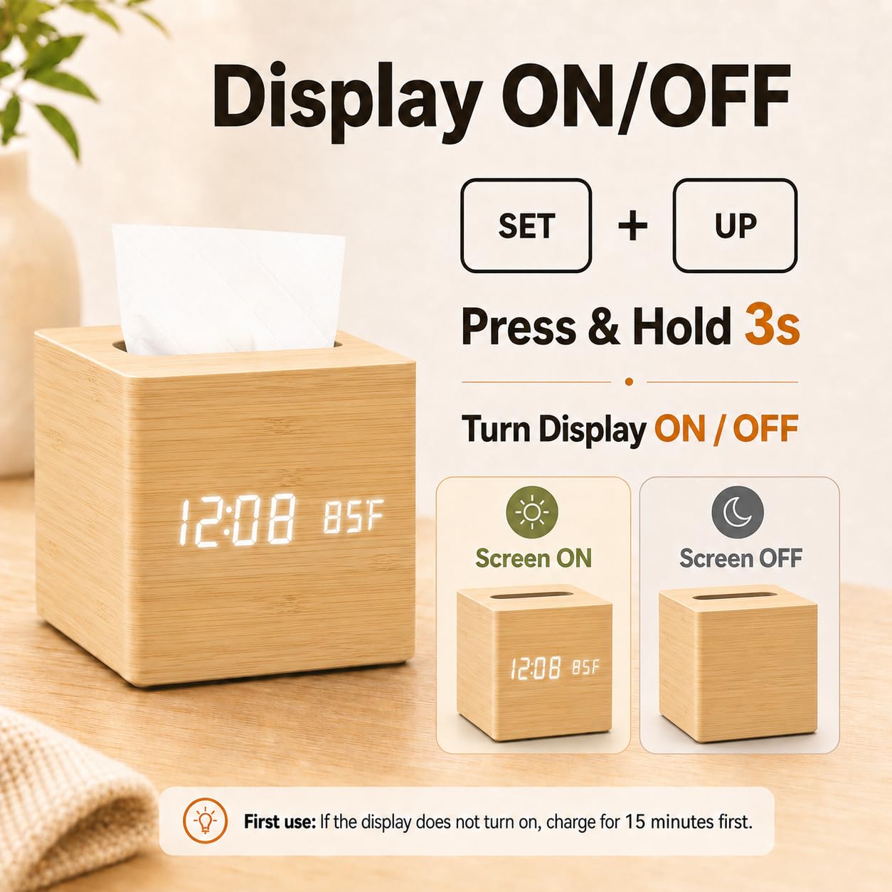ANHUXINLEI Wooden Tissue Box Cover - Digital Square Holder with Dimmable Alarm Clock, Temperature and Date Display - Cordless Home Decor for Office Desk, Nightstand and Bedroom Organization