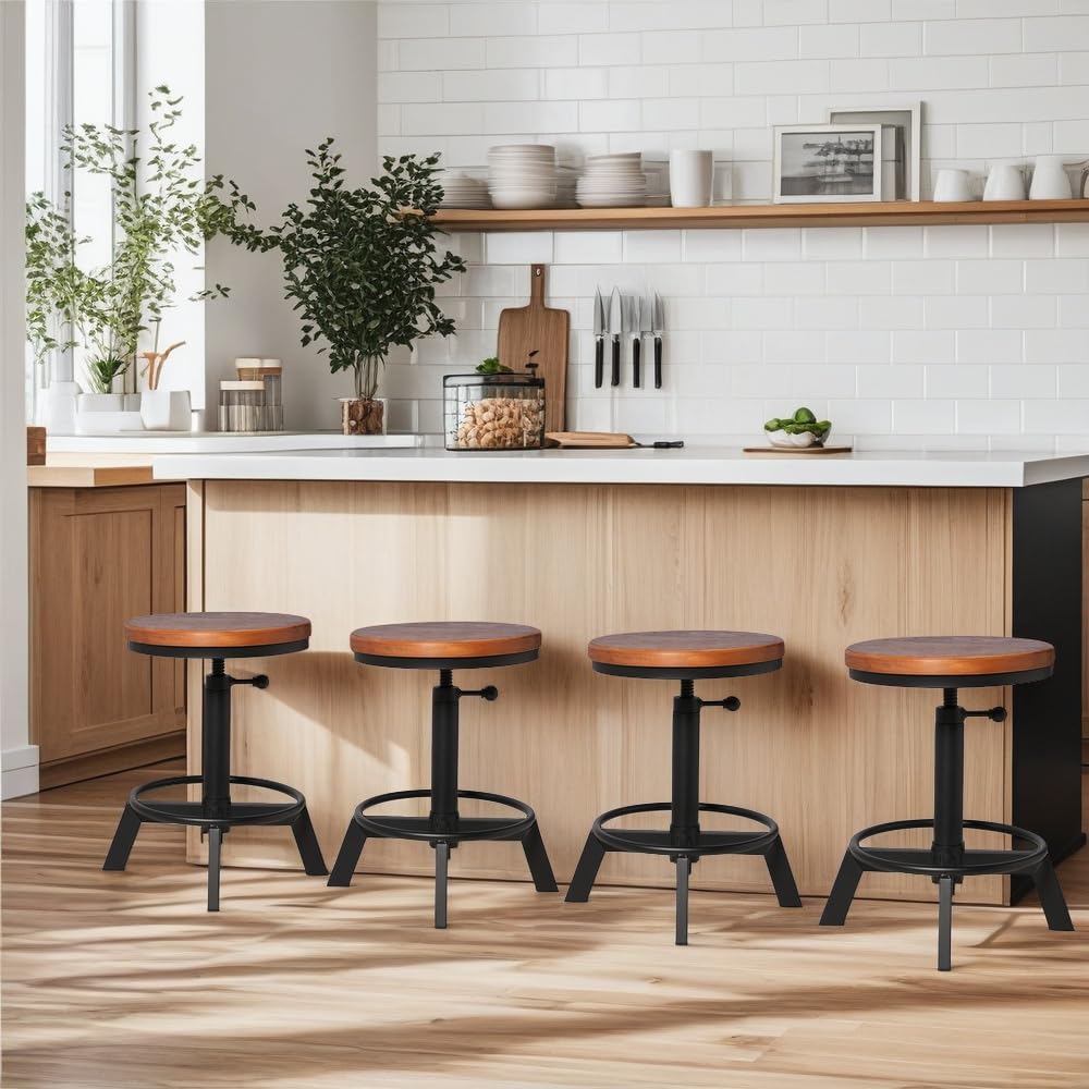 BOKKOLIK Set of 2-Industrial Bar Stool-Counter Height Chairs- Swivel Wooden Seat- Adjustable 17.7-24inch