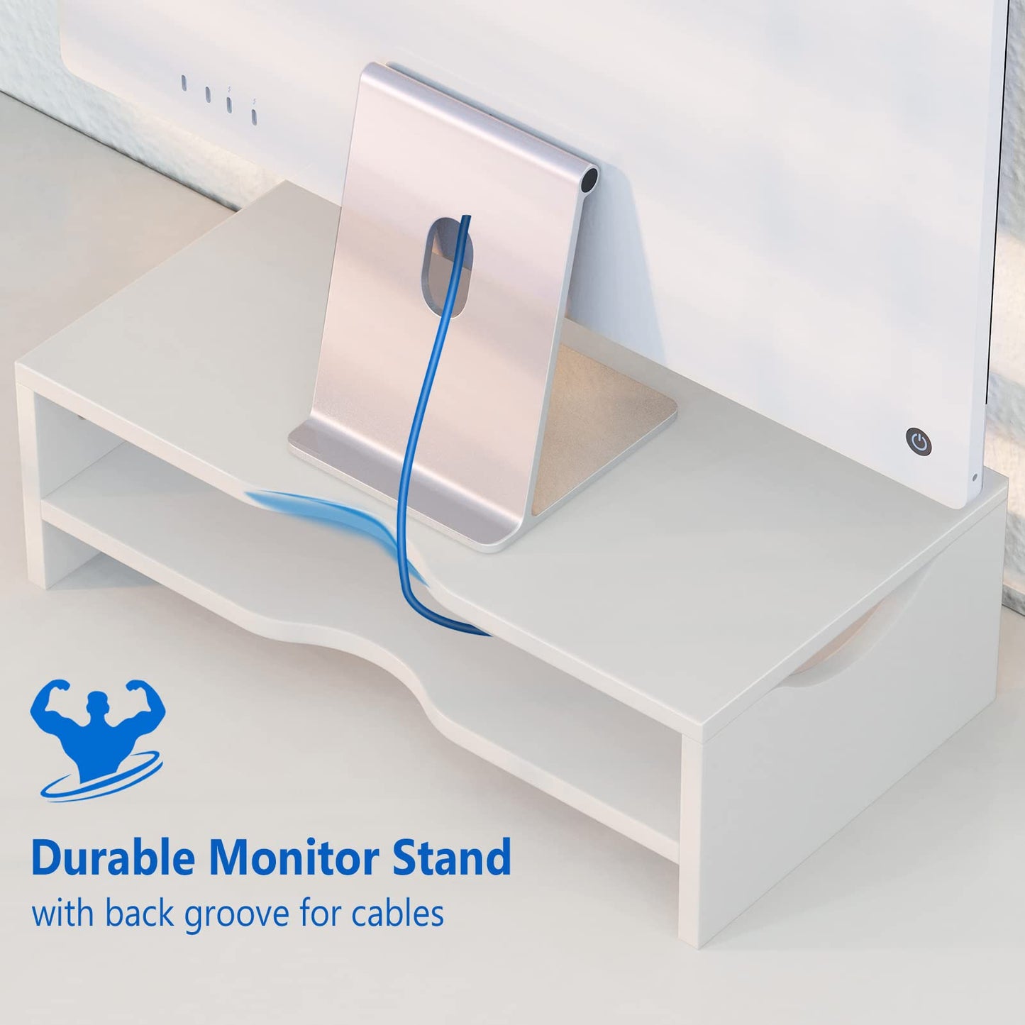 Mountory Monitor Stand Riser for Desk, 2 Tiers Laptop Computer Riser for PC Screen, iMac, Desktop Wooden Screen Monitor Stand with Storage Organizer for Home Office, White