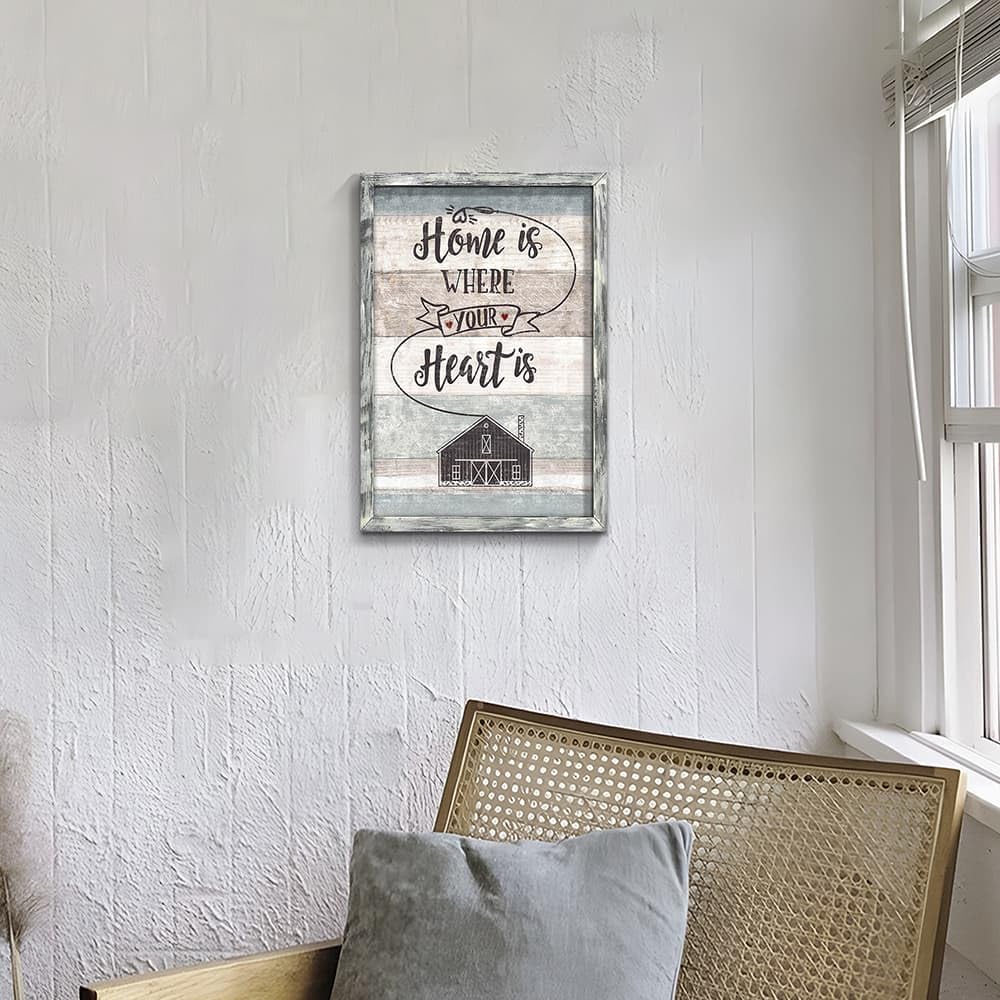 Positive Home Quotes Wall Art: Framed Inspirational Saying Wooden Picture Print Artwork Motivational Sweet Home Sign Painting Decor for Bedroom Living Room