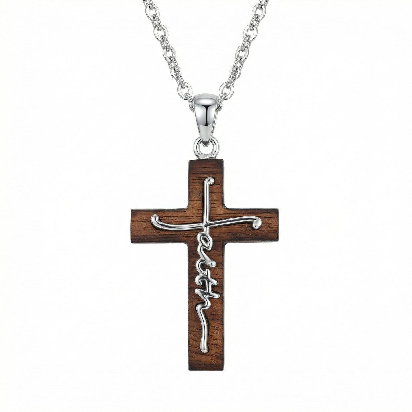 VNRIOW 925 Sterling Silver Faith Wooden Cross Necklace, Christian Religious Jewelry Gift for Women Men, 18 to 20 Inches Chain
