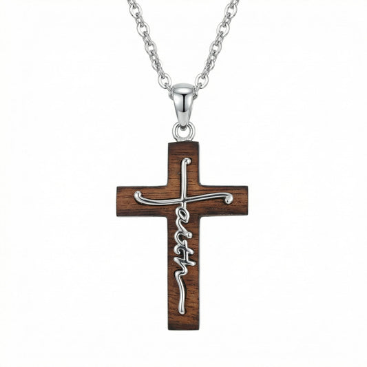 VNRIOW 925 Sterling Silver Faith Wooden Cross Necklace, Christian Religious Jewelry Gift for Women Men, 18 to 20 Inches Chain