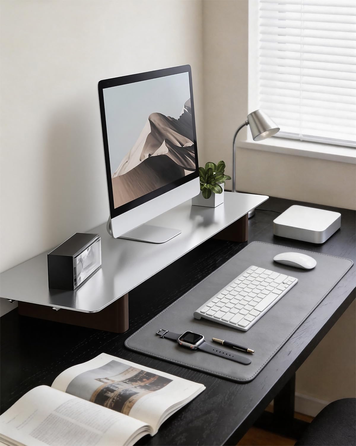 CHENOMiNL Aluminum Monitor Stand Riser, Ergonomic Desktop Shelf with Wooden Legs - 31.5” Wide Heavy Duty Computer Stand for Home Office, Universal Desktop Monitor Riser for PC, iMac, MacBook, Laptop