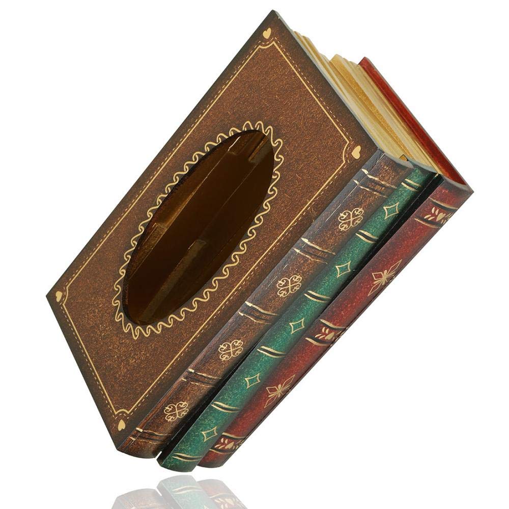 Elegant Wooden Antique Book Tissue Holder Dispenser/Novelty Napkin Holder,Modern Square Paper Facial Tissue Box Cover Holder for Home Office Car Decoration (Sienna)