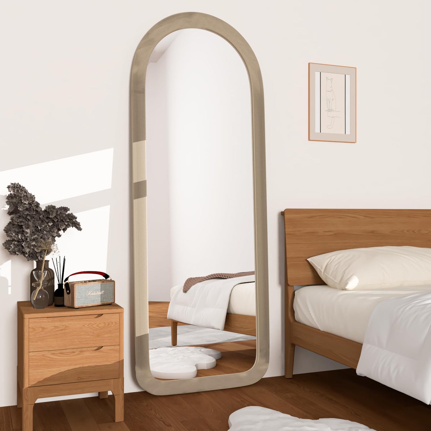 NEUWEABY Full Length Mirror 56"x20" Arch Floor Mirror with Stand Arched Full Body Mirror Standing Hanging or Leaning Against Wall for Bedroom Flannel Wrapped Wooden Frame Milk Tea
