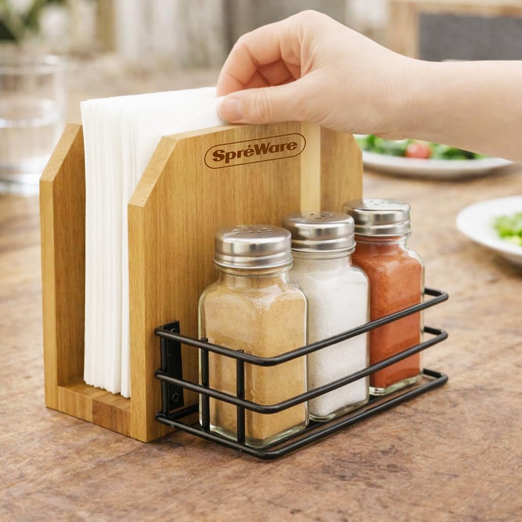 SPREWARE Acacia Wood Napkin Holder with 3 Salt & Pepper Shakers, Rustic Tabletop Napkin and Condiment Caddy, EVA Anti‑Slip Base, Holds 80 Standard Napkins – Grateful Thankful Blessed Design