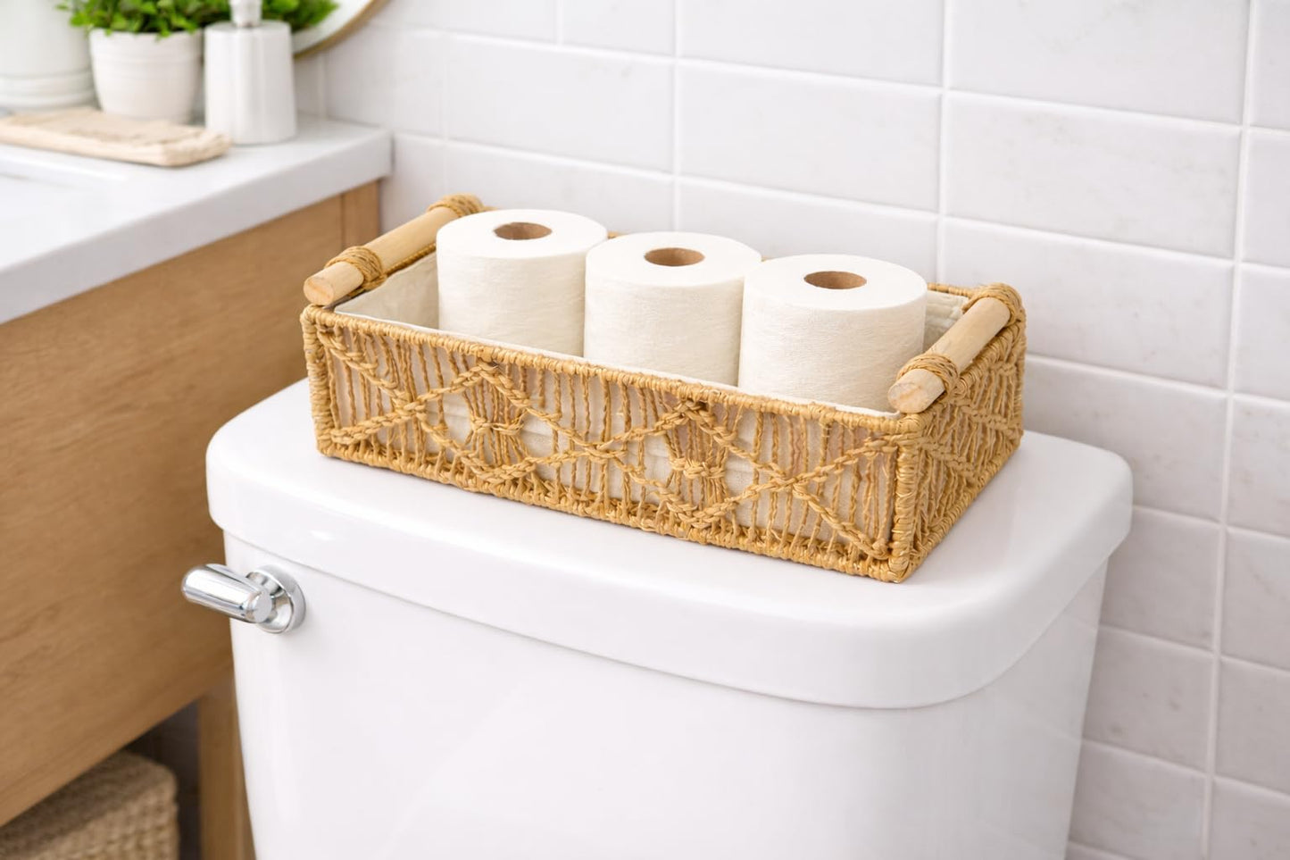 SDFUMAO Handwoven Jute Rope Storage Basket with Paulownia Wood Handles, Rectangular Decorative Organizer Bin with Removable Fabric Liner for Shelves, Countertops & Home Organization