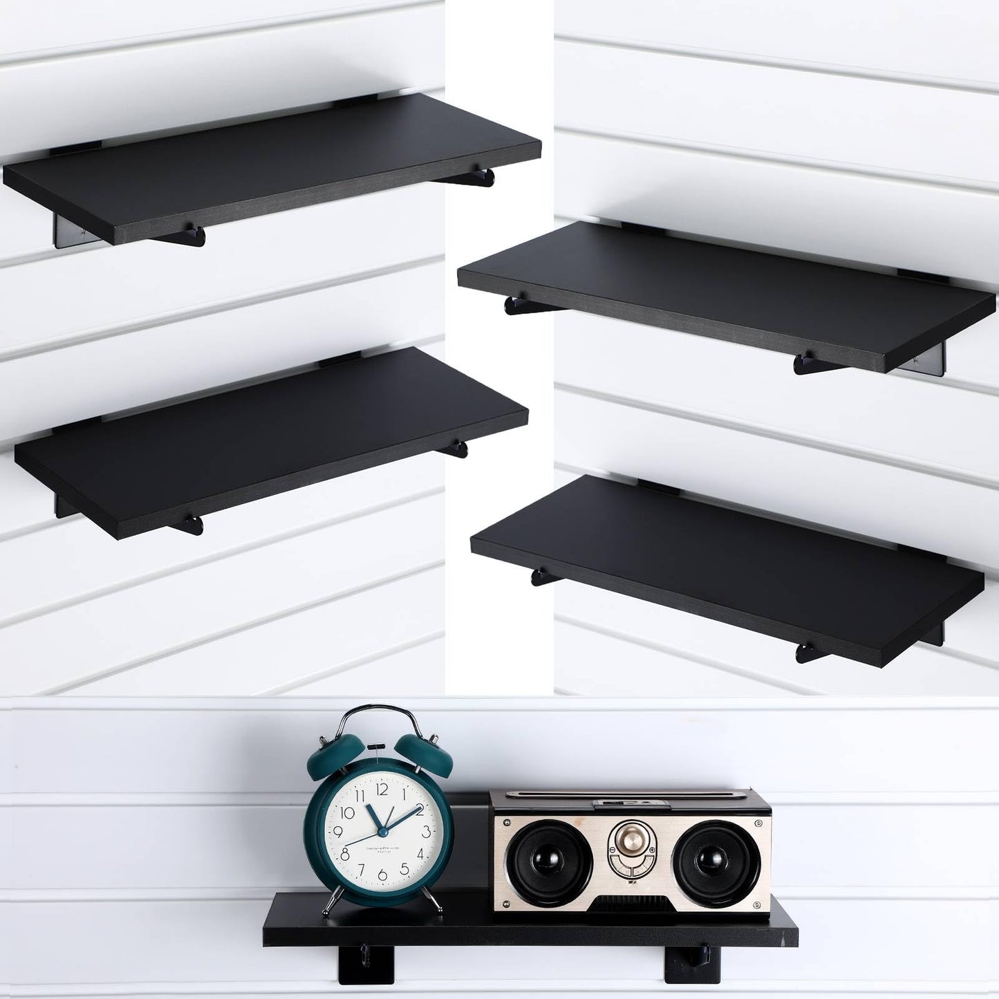 Beeveer 4 Pack Wooden Slatwall Shelf Set 15.7 × 5.9 Inch Black Slatwall Shelves with Metal Brackets Wall Mount Slatwall Shelf Bracket Wall Organizer Slatwall Accessories for Garage Home Retail