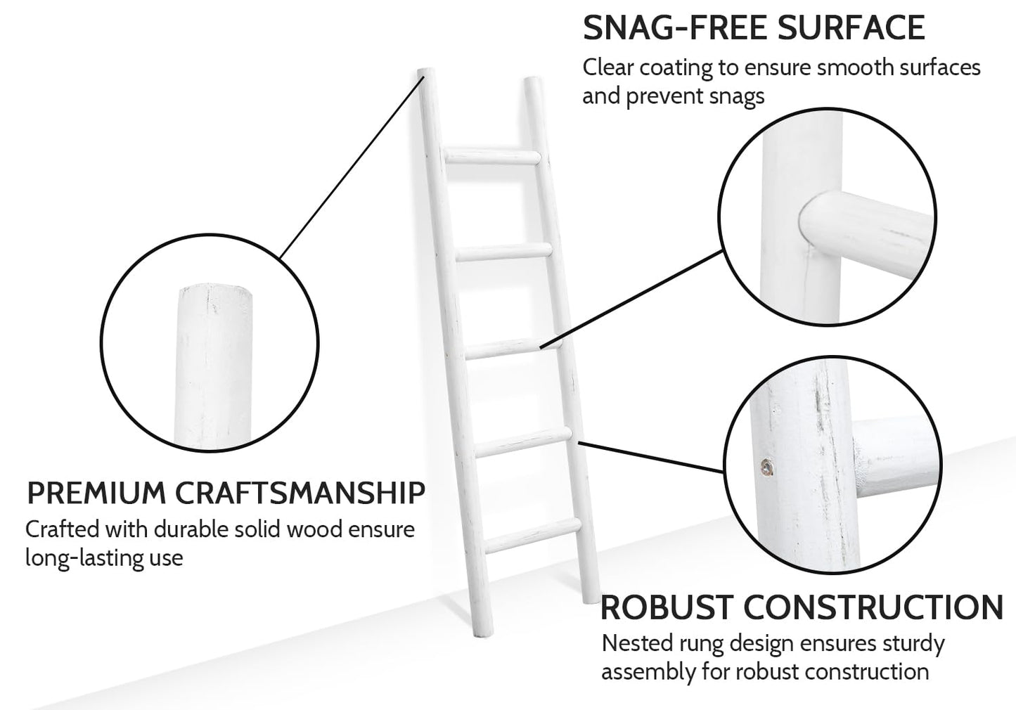 FUIN 57in Wood Blanket Ladder Living Room Decorative Wall Leaning Farmhouse Quilt Display Holder Rustic Wooden Towel Rack for Bathroom, White