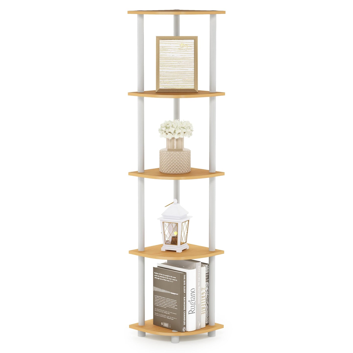 Furinno TURN-N-TUBE Corner Shelf, 5-Tier Corner Bookshelf, Open Storage Shelves, for Organization and Storage, Living Room, Home Office, Garage, Bedroom, Beech