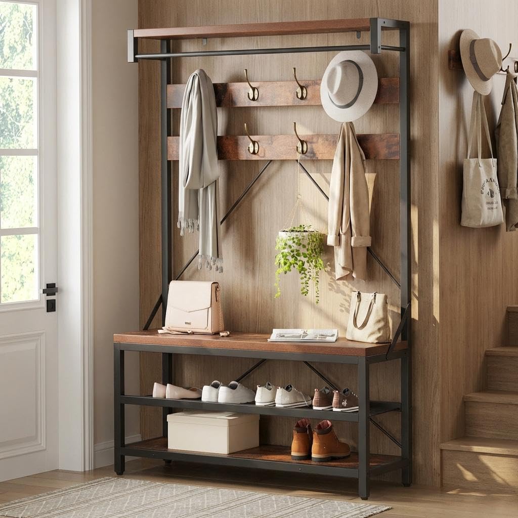 Tedyle 72" Industrial Hall Tree Entryway Bench, Wooden Coat Rack Shoe Bench with Shoe Rack & Storage Shelf, 8 Hooks & Hanging Bar, Entryway Organizer for Foyer, Mudroom, Rustic Brown