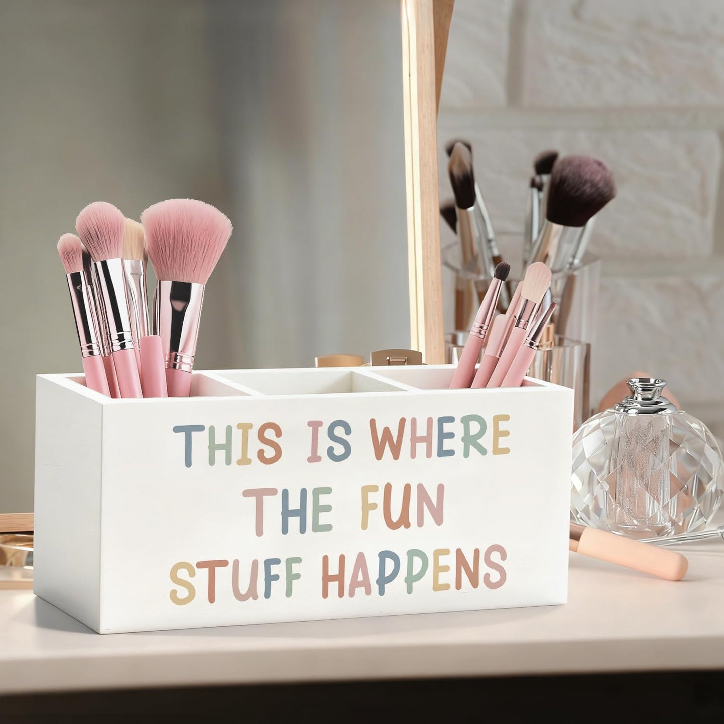 ELMCH Boho Classroom Pen Pencil Holder for Kids, Boho Playroom Wood Desk Organizer and Accessories, This Is Where the Fun Stuff Happens Pen Holder Desk Organizer for Kids Classroom Playroom Tabletop