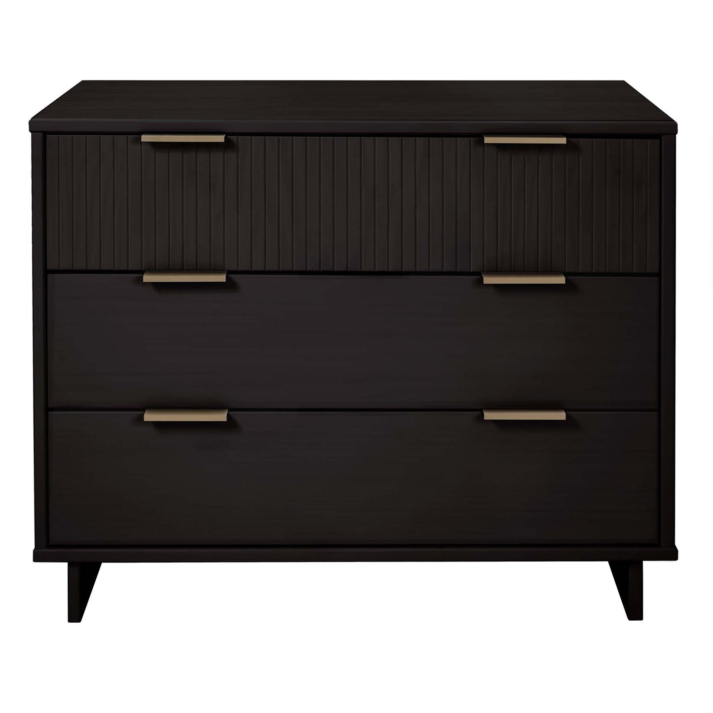Manhattan Comfort Granville 38-Inch Solid Wood Dresser with 3 Full Extension Soft Close Drawers, Fluted Ribbed Front with Gold Metal Handles for Bedroom, Living Room, Dorm, Nursery in Black