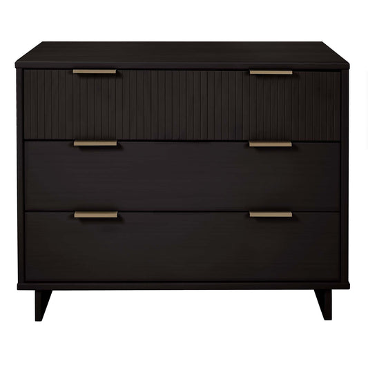 Manhattan Comfort Granville 38-Inch Solid Wood Dresser with 3 Full Extension Soft Close Drawers, Fluted Ribbed Front with Gold Metal Handles for Bedroom, Living Room, Dorm, Nursery in Black
