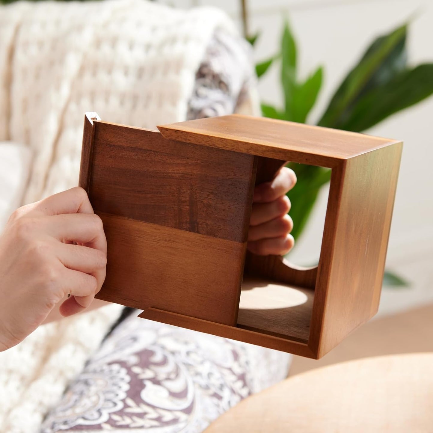 2 Pack Acacia Wood Tissue Box Cover, Square Wooden Tissue Holder for Bathroom, Living Room, Dining Table, Decorative Cube Facial Tissue Box Cover, 5.3 x 5.3 x 5.9 inches