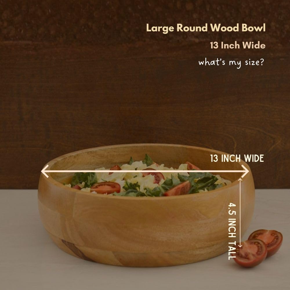 Round Wood Salad Bowl Set, Mango Wood, Small 11 Inch and Large 13 Inch, Natural Finish, Serving Bowls for Fruits and Salads (Set of 2)