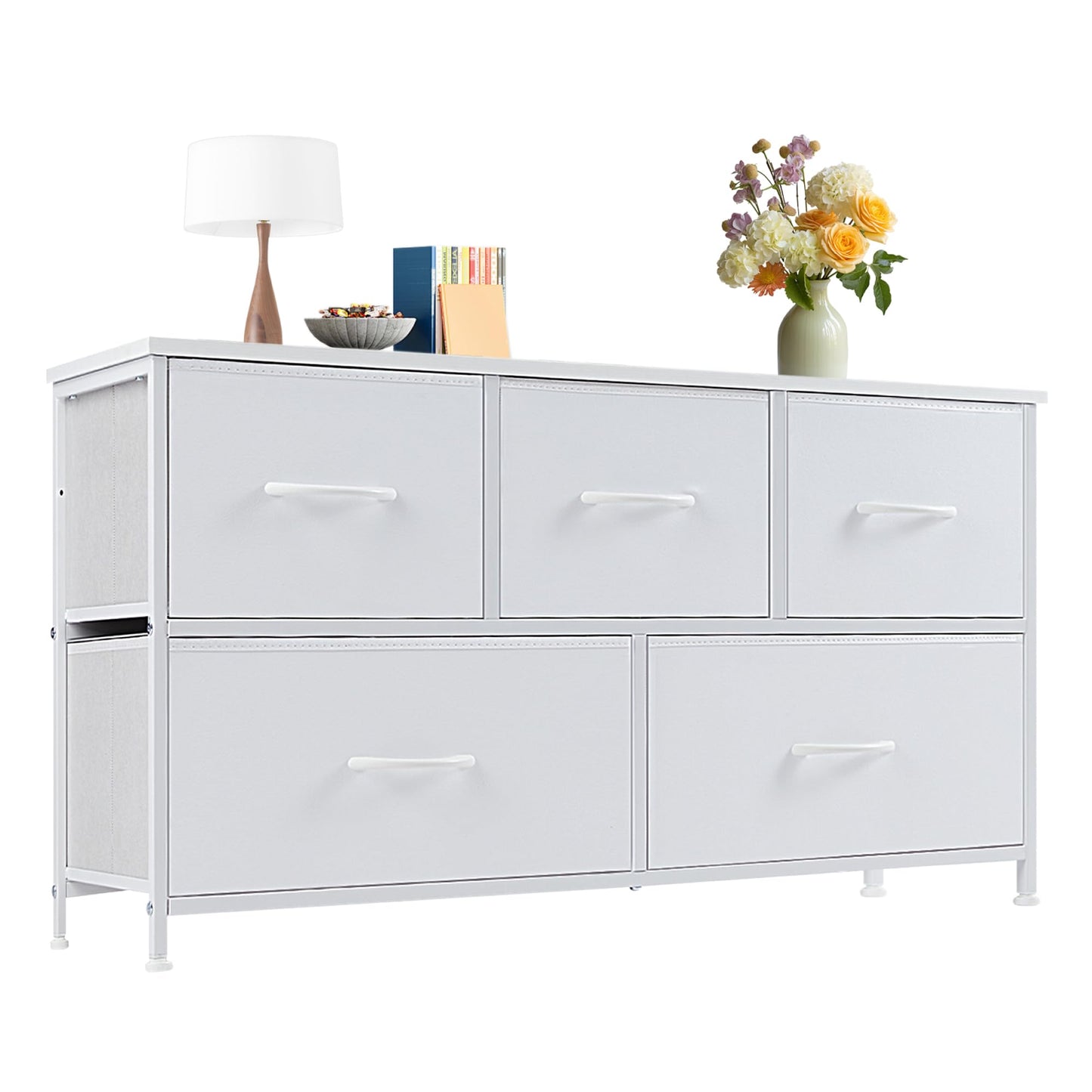 Hexago Dresser with 5 Fabric Drawers, Dressers for Bedroom, Wide Storage Organizer with Metal Frame for Closet, Living Room, Entryway, White