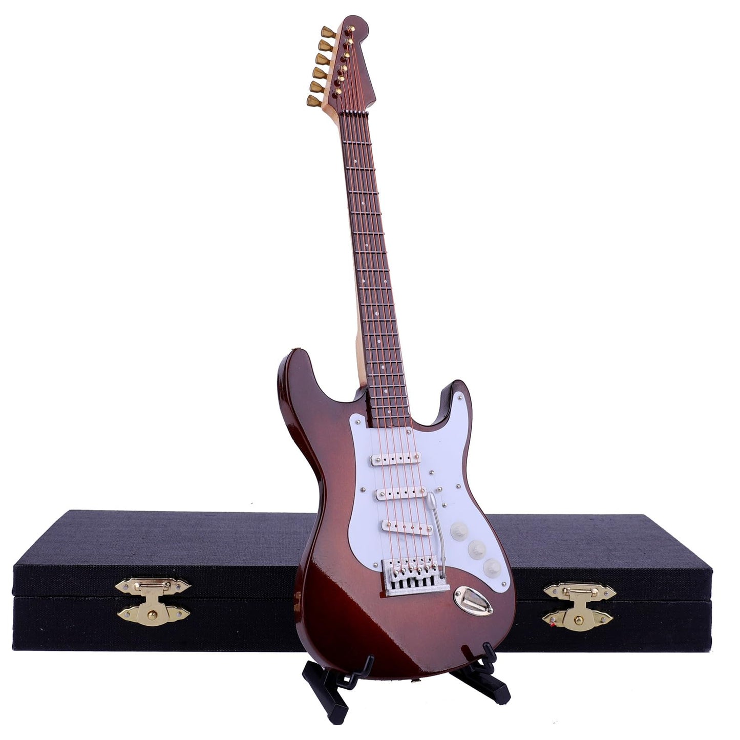 Dselvgvu Wooden Miniature Electric Guitar with Stand and Case Mini Musical Instrument Electric Guitar Replica Collectible Figurines Model Home Decoration Display Ornament (Brown, 9.45"x3.03"x0.63")