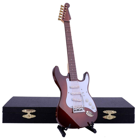 Dselvgvu Wooden Miniature Electric Guitar with Stand and Case Mini Musical Instrument Electric Guitar Replica Collectible Figurines Model Home Decoration Display Ornament (Brown, 9.45"x3.03"x0.63")
