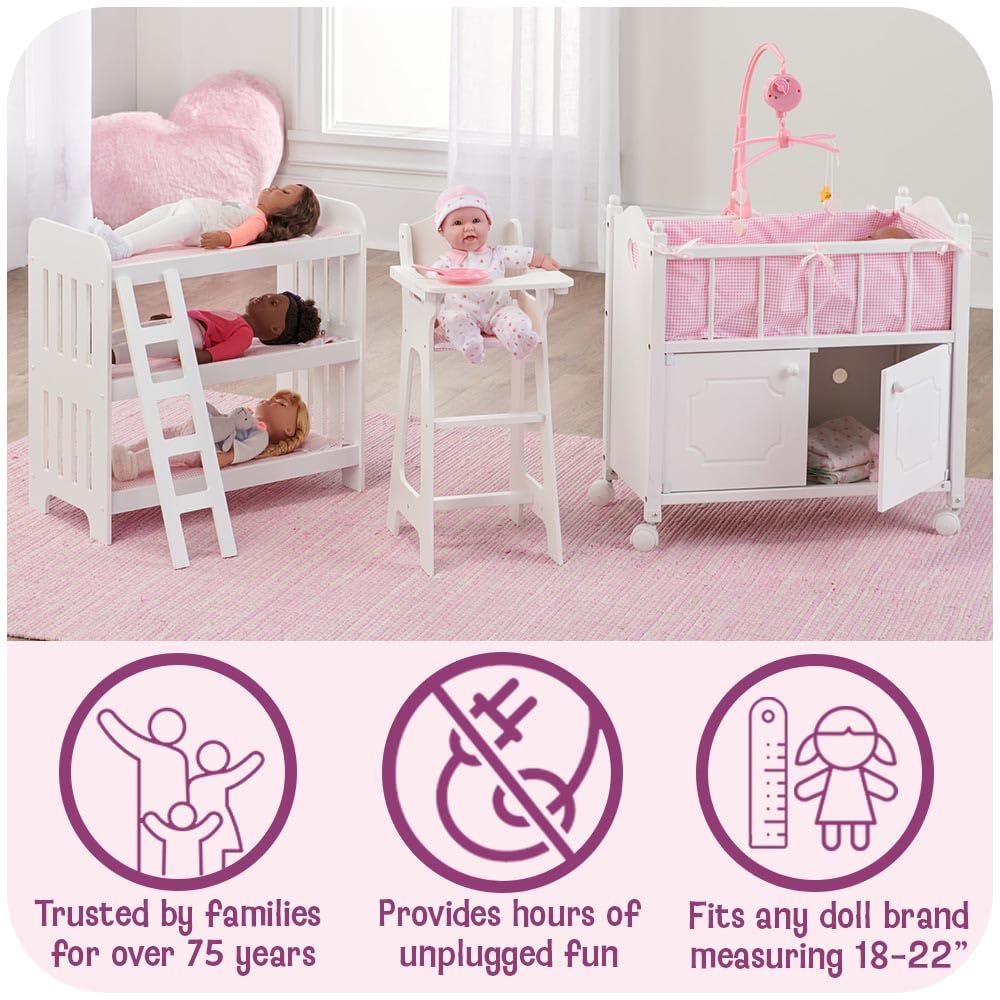 Badger Basket Doll Bunk Bed with Bedding & Ladder - Two Level Wooden Bed for Dolls, Includes Bedding & Accessories- White/Pink Gingham