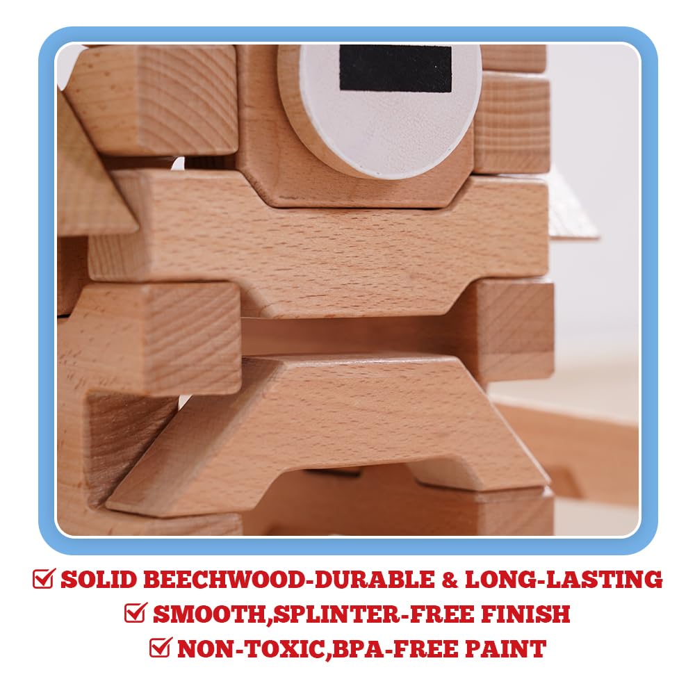Sing2sky 31 Beech Wood Stacking Building Blocks for Kids Montessori Open-Ended Toys Wooden Shaped Stacking Puzzle, Gift Toy for Toddlers, Compatible with Wooden Blocks, Storage Bag - Natural 4.4IN