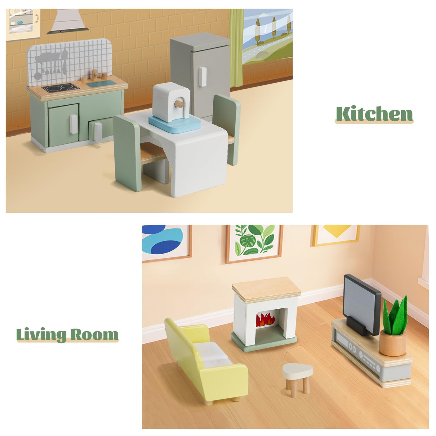 23PCS Wooden Dollhouse Furniture Set for 5 Rooms, Miniature Doll House Accessories & Furniture Toys for Toddlers, Indoor Scenes Pretend Play Toy for Kids 3+