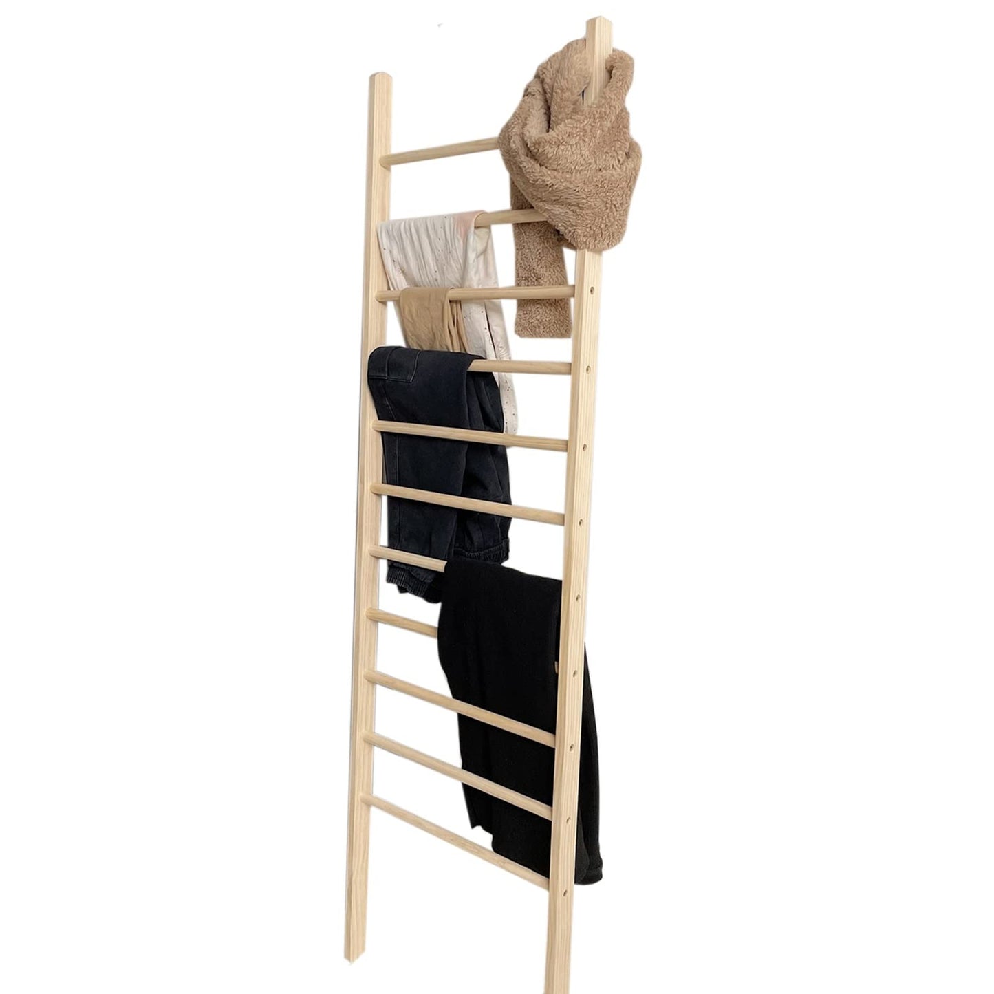 Bedroom Wall Leaning Pants Towel Ladder Rack Holder,Floor Standing Wooden Narrow Storage Organizer Stand for Jeans Clothes Blanket,Space Saving(11 Tier)