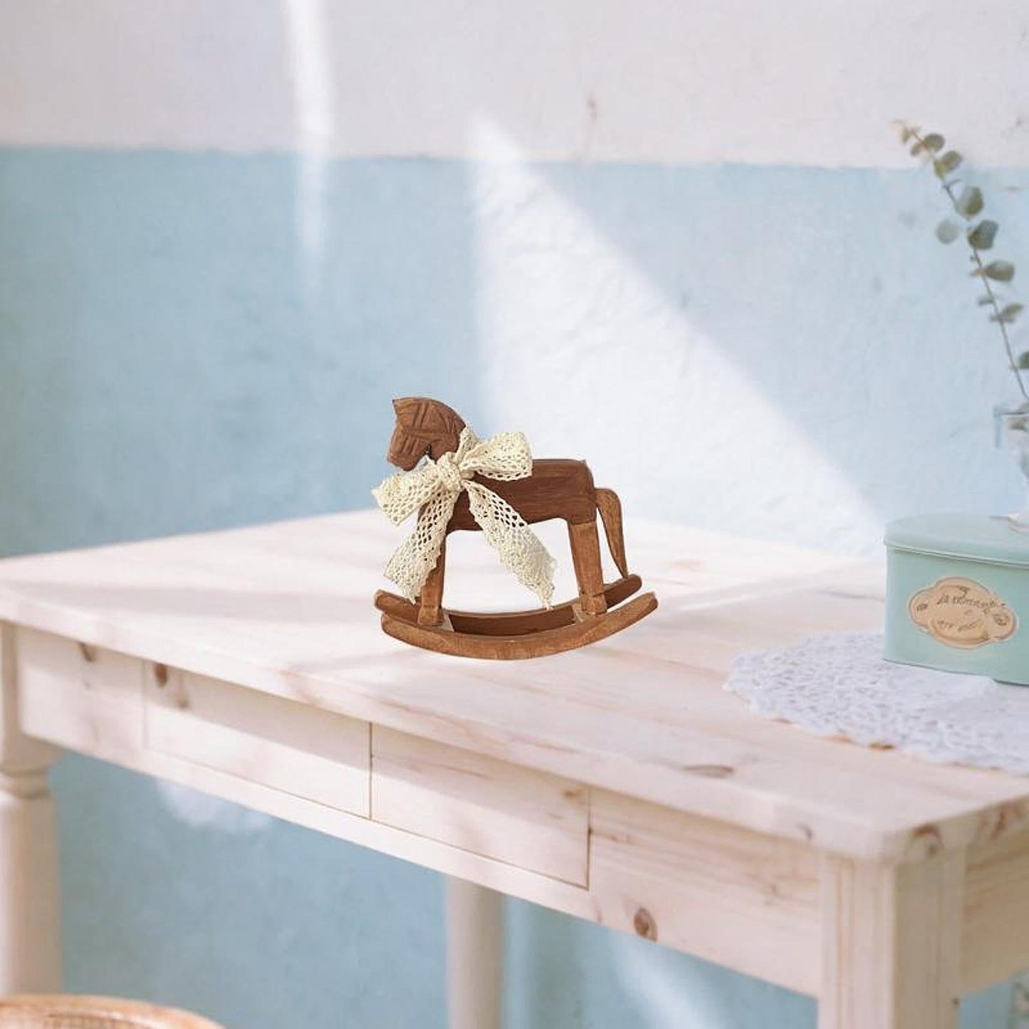 MagiDeal Wooden Horse Figurine Rocking Horse Statue with Ribbon Decorative Unique Collectible Holiday Season Ornament Table Decoration, C Lace Ribbon