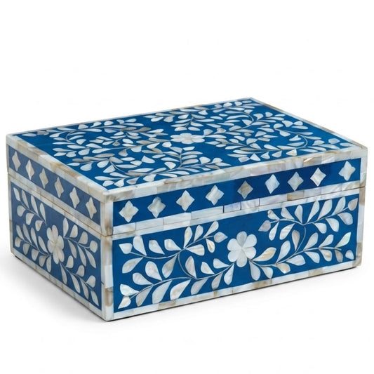 HANDMADE ENTARO Decorative Storage Box Of Mother Of Pearl Inlay Floral Design Wooden Storage Box For Home Decoration For Living Dining & Bedroom (Navy Blue_9x6x3.5 inch)