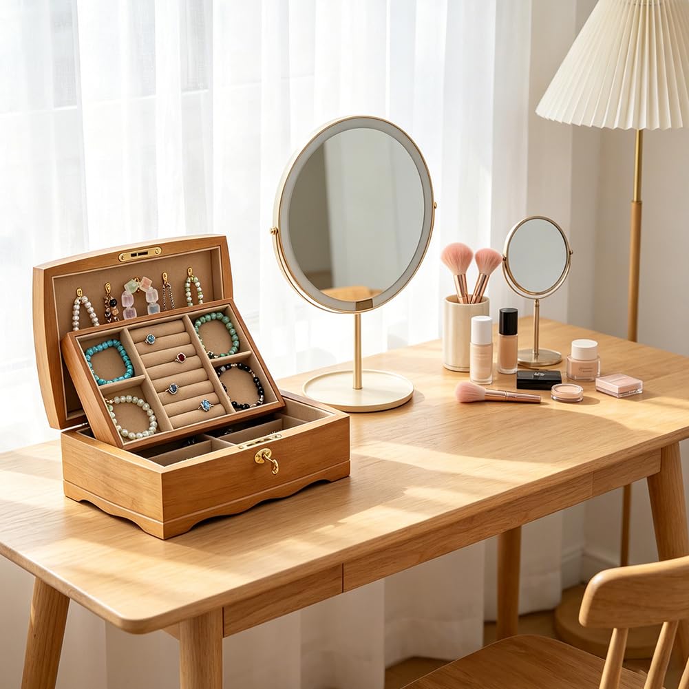 MAYJOYDIY Wooden Jewelry Box with Lock Retro 2 Layer Jewelry Storage Box with 2 Keys 9.8x6.9x3.9 Jewelry Organizer with Removable Tray for Home Vanity