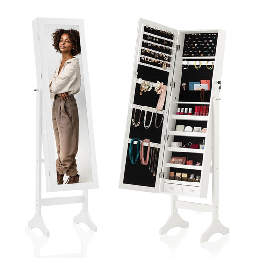 HAPPYMONT Freestanding Jewelry Armoire Cabinet with Full Length Mirror, 47.3" Tall Lockable Jewelry Cabinet, Large Capacity Makeup Organizer with Velvet Lining, 3 Adjustable Angles, White