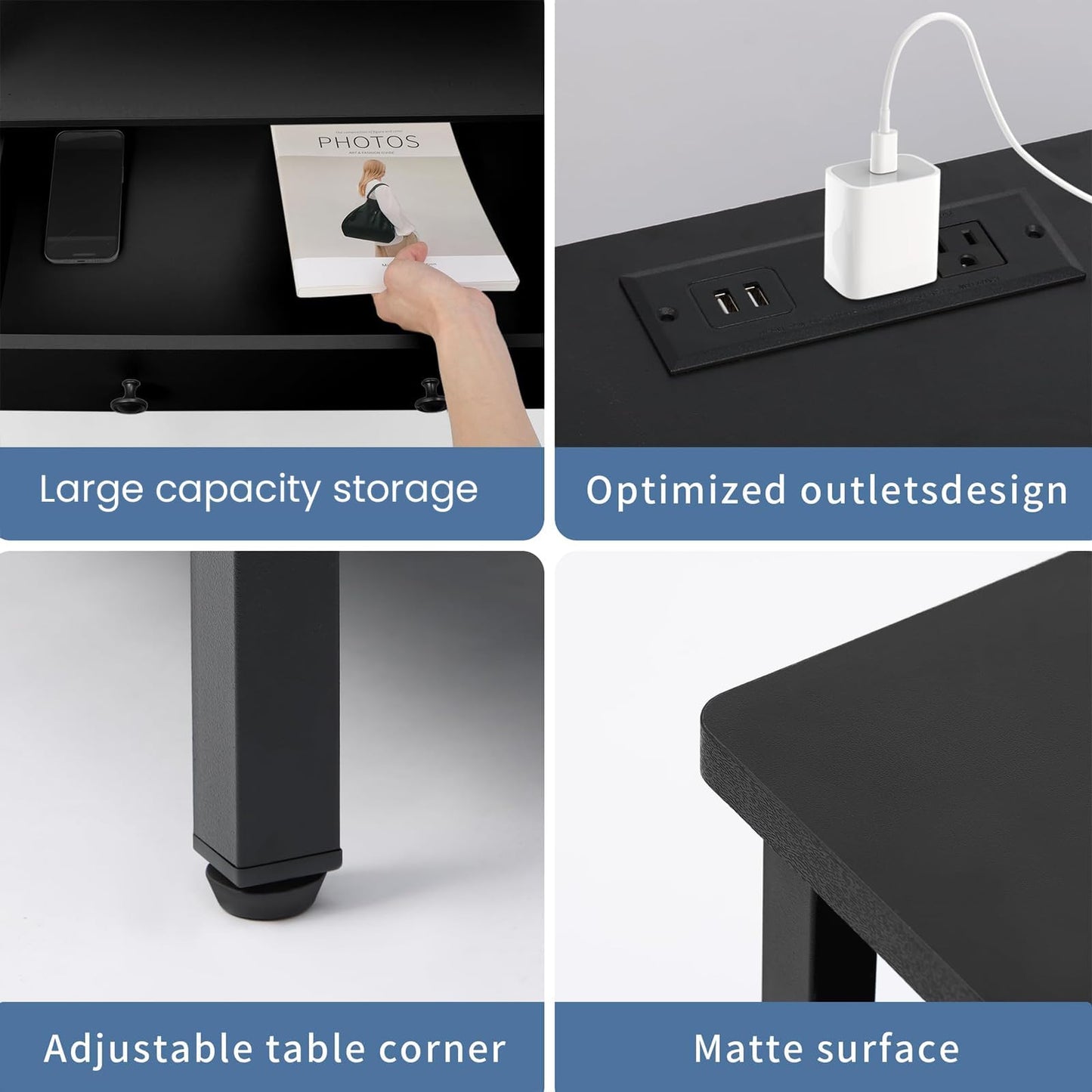 Edbuosy 3 Wooden Drawers Night Stand, 27 Inch Wide Nightstand with Charging Station and Adjustable Drawers, Small Dresser for Closet, Bedside Table for Living Room/Bedroom/Office, Black