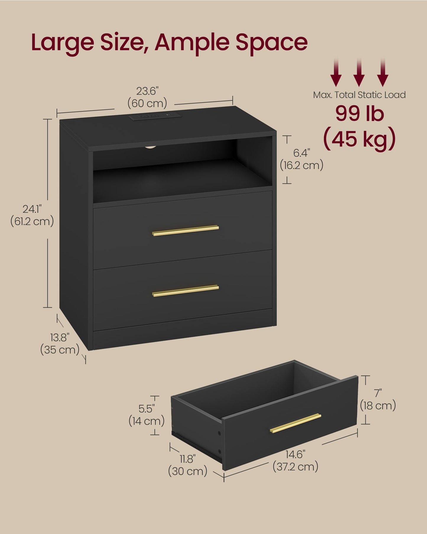 VASAGLE Custos Collection - 23.6 Inch Wide Nightstand with Charging Station, LED Lights, Modern Night Stand, Side End Table with Drawers, Open Shelf, 2 AC Outlets USB Ports, Ink Black ULET639BC01S