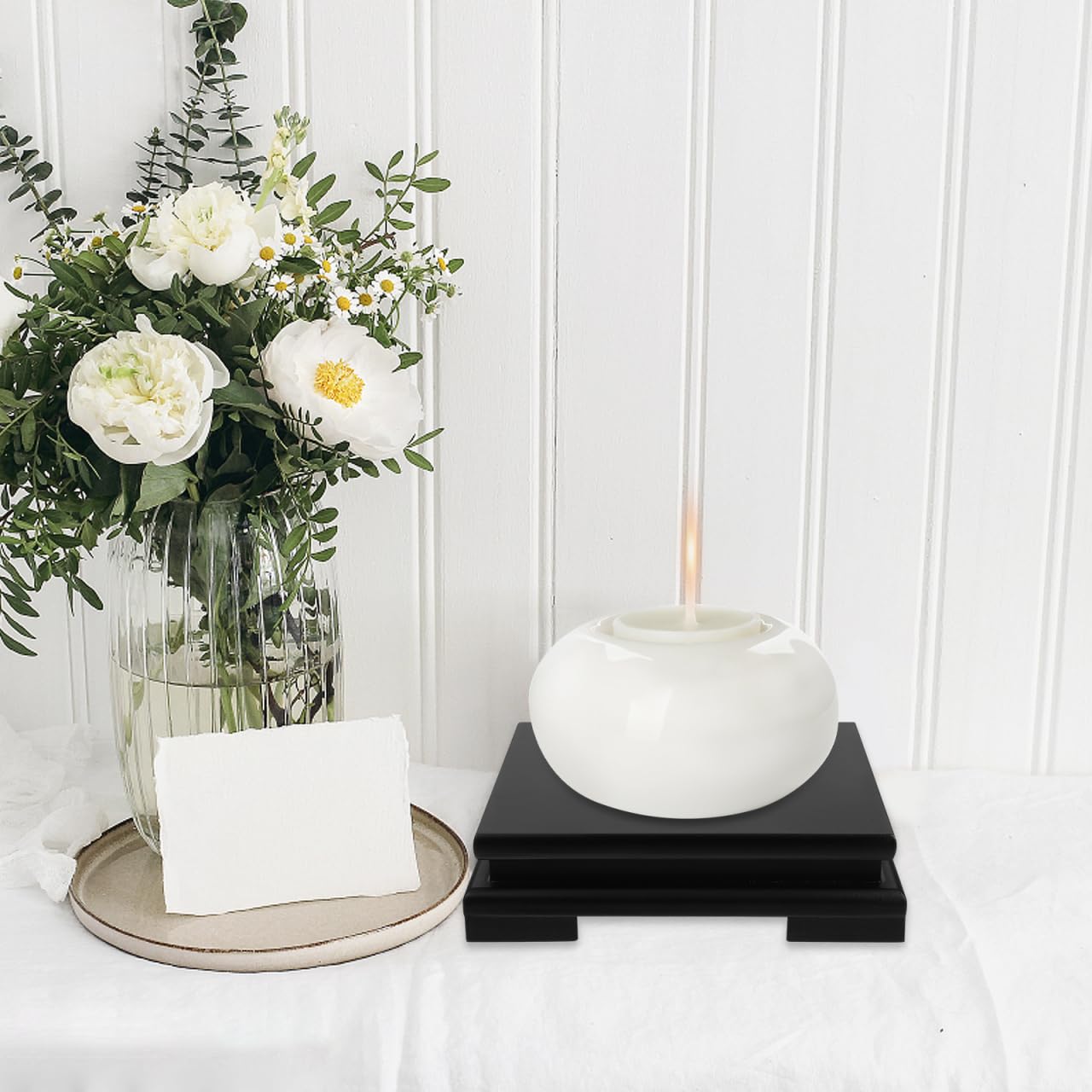 Cabilock Wood Vase Display Riser, 7 inch Square Decorative Pedestal Stand, Black Wooden Tray Base for Oriental Home Countertop Decoration