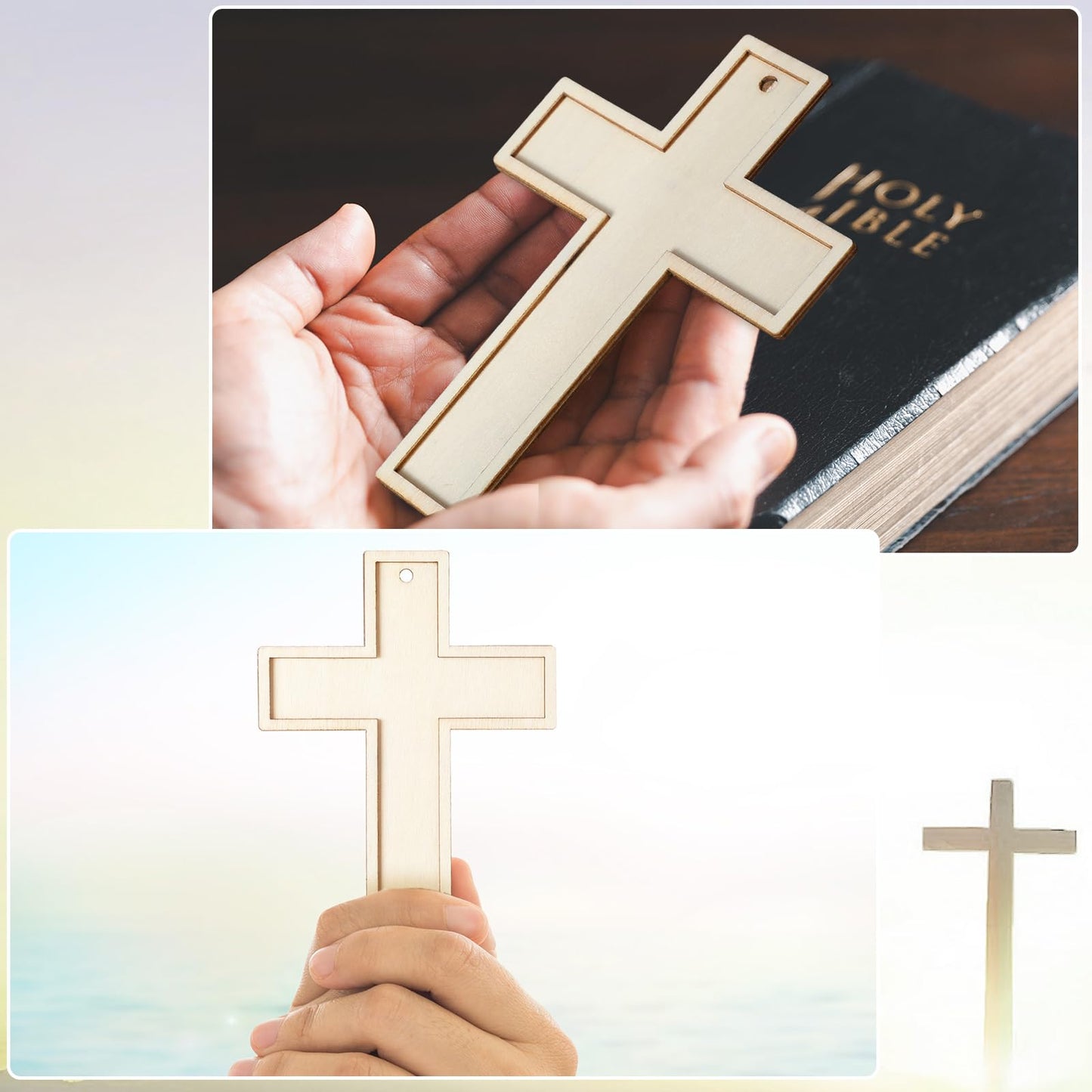 Beeveer 24 Pcs Unfinished Wooden Crosses for Crafts Unpainted Large Blank Wooden Layered Cross for Sunday School Crafts DIY Easter Projects Church Home Wall Decoration with String (5 x 3.62 Inch)