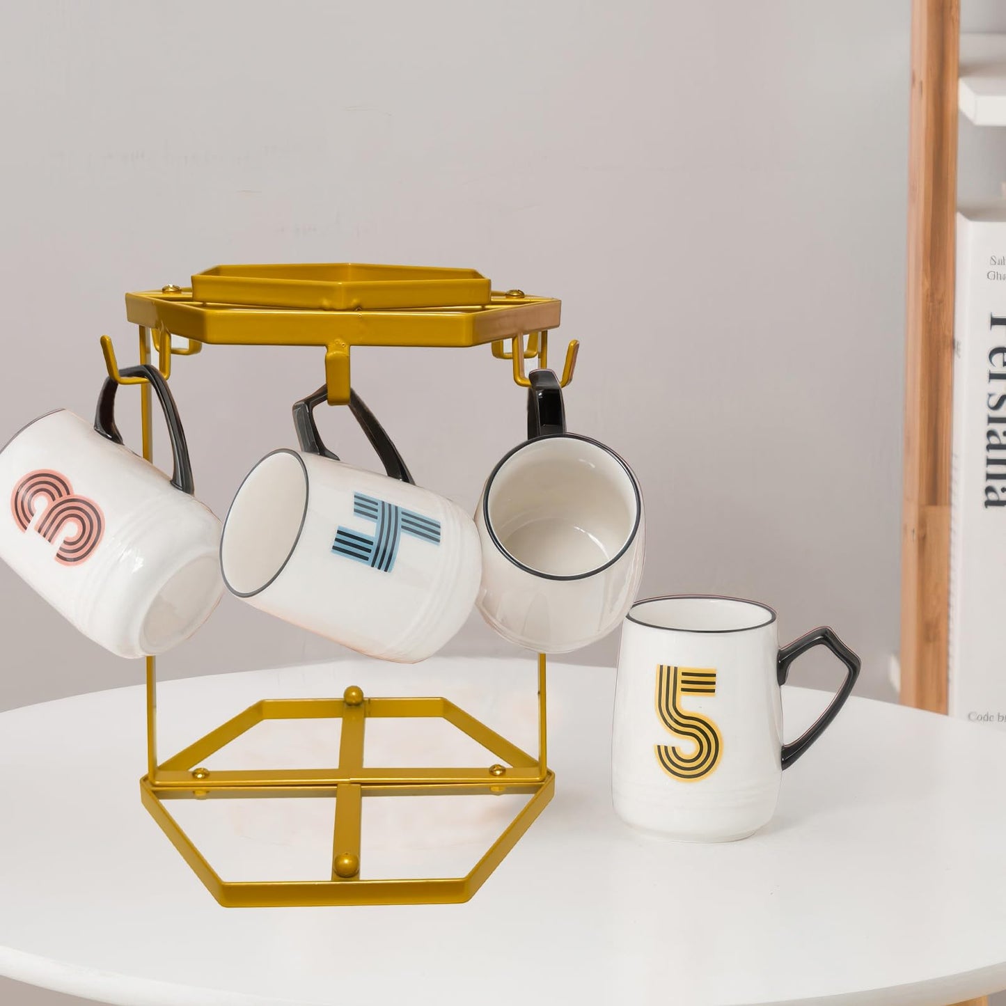 LWXPAIYY Coffee Mug Holder Countertop,Yellow Metal Coffee Cup Holders for Counter,Matte Muted Gold Mug Stand Rack for Counter Top 6 Hooks(Hexagon)