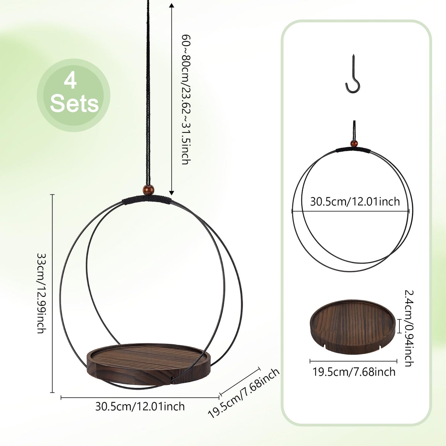 peacoblue 4 Pack Hanging Planters for Indoor Plant Hanger with Sturdy Round Wood Base, Black Metal and Hanging Potted Plant Holders for Wall Ceiling Window Planter Display(Plants/Pots Not Included)