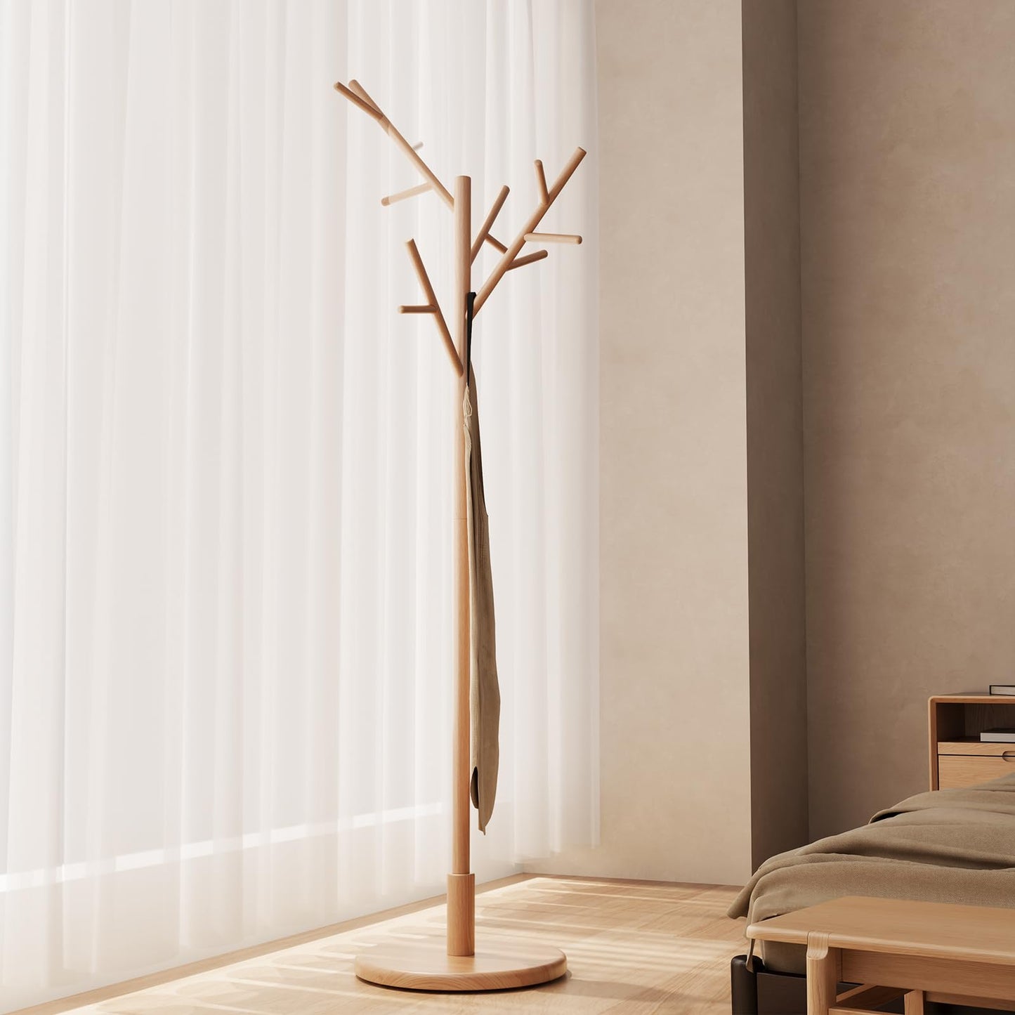 Muwuele Coat Rack,Solid Wood Coat Rack Freestanding with 12 Hooks,Coat tree freestanding 3 Adjustable Heights for coat, Hats, Handbags，Coat Stand for Entryway,Bedroom (Natural)