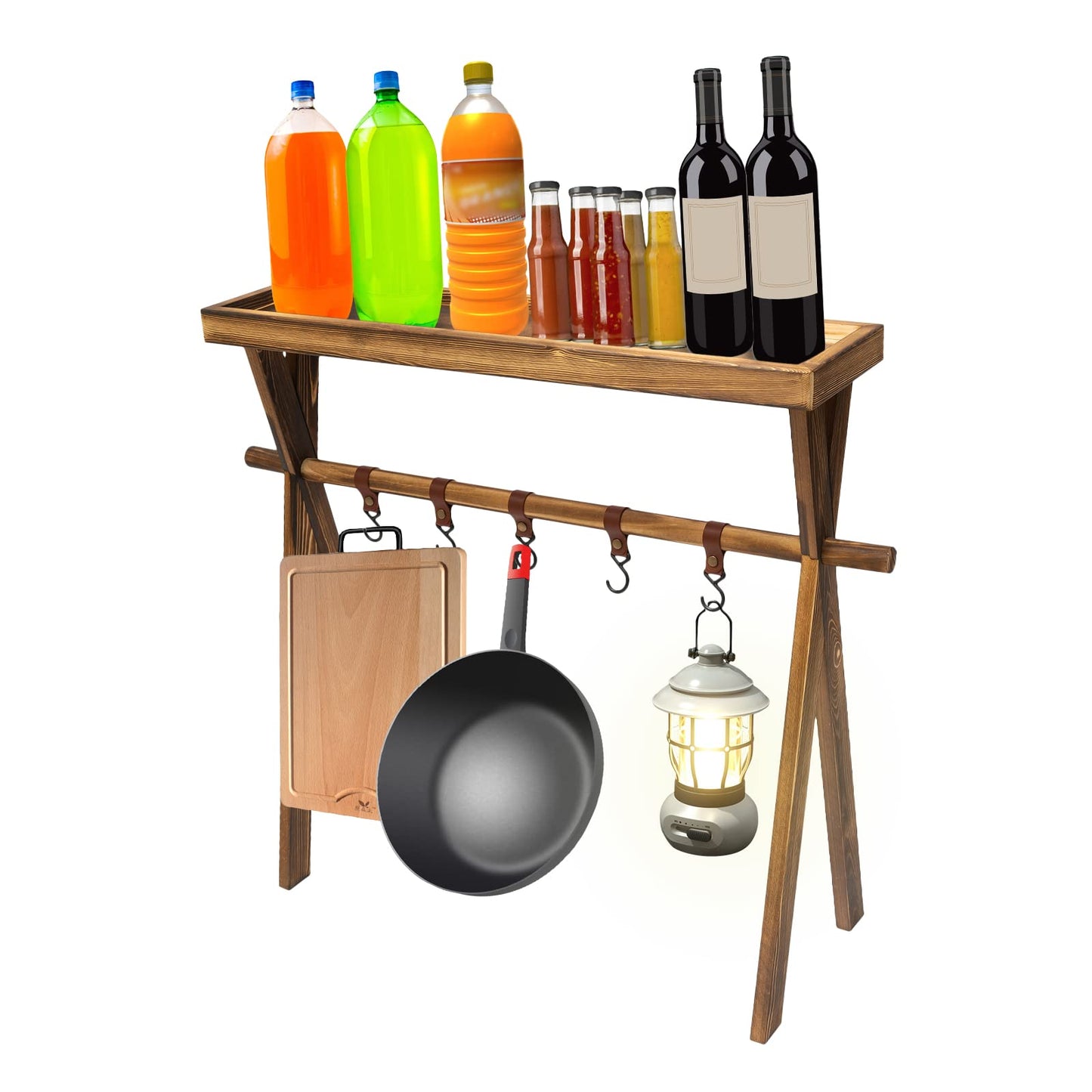 KONGKUNI Portable Wooden Picnic Rack, with hanging hook, Lightweight Wood Outdoor Shelf Foldable Travel Camping Table Rack for Storage,Outdoor Kitchen,RV Picnic,BBQ,Home Storage
