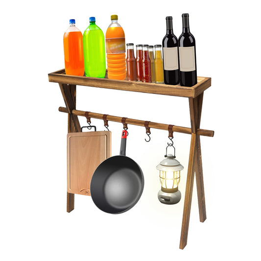KONGKUNI Portable Wooden Picnic Rack, with hanging hook, Lightweight Wood Outdoor Shelf Foldable Travel Camping Table Rack for Storage,Outdoor Kitchen,RV Picnic,BBQ,Home Storage