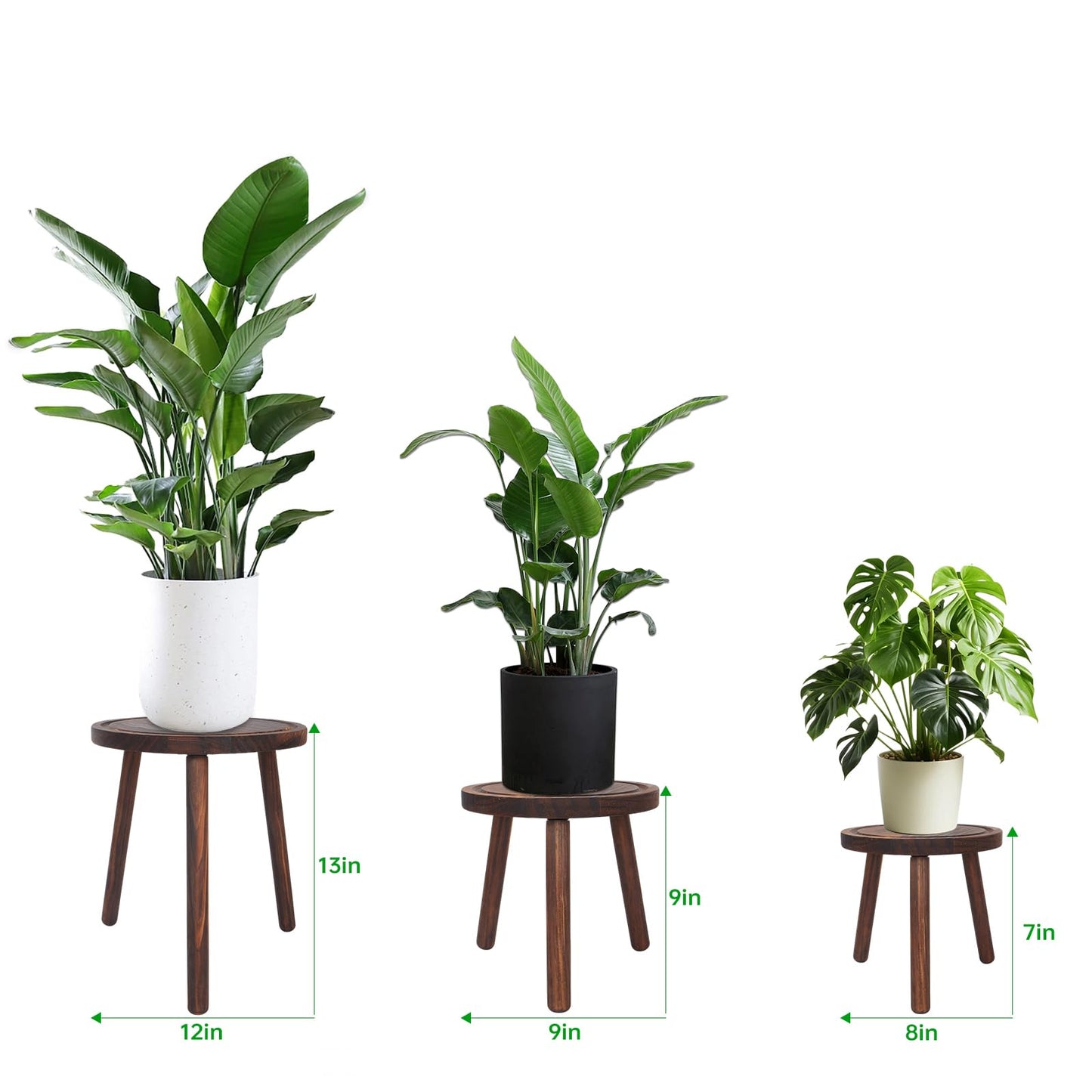 Amdermi 3 Pack Wood Plant Stands Indoor, Mid Century Modern Plant Stool for 6-12 Inch Pots, Tall Small Plant Stand Set for Living Room, Balcony, Office