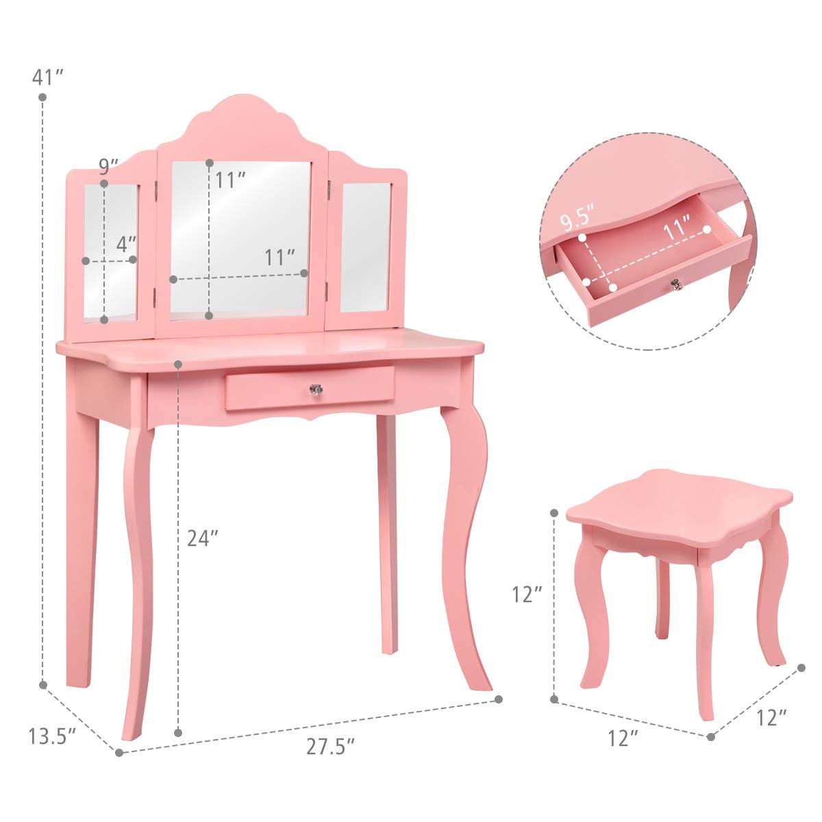 Costzon Kids Wooden Vanity Table & Stool Set, 2 in 1 Detachable Design with Dressing Table and Writing Desk, Princess Makeup Dressing Table with Two 180° Folding Mirror, for Girls, Kids (Pink)