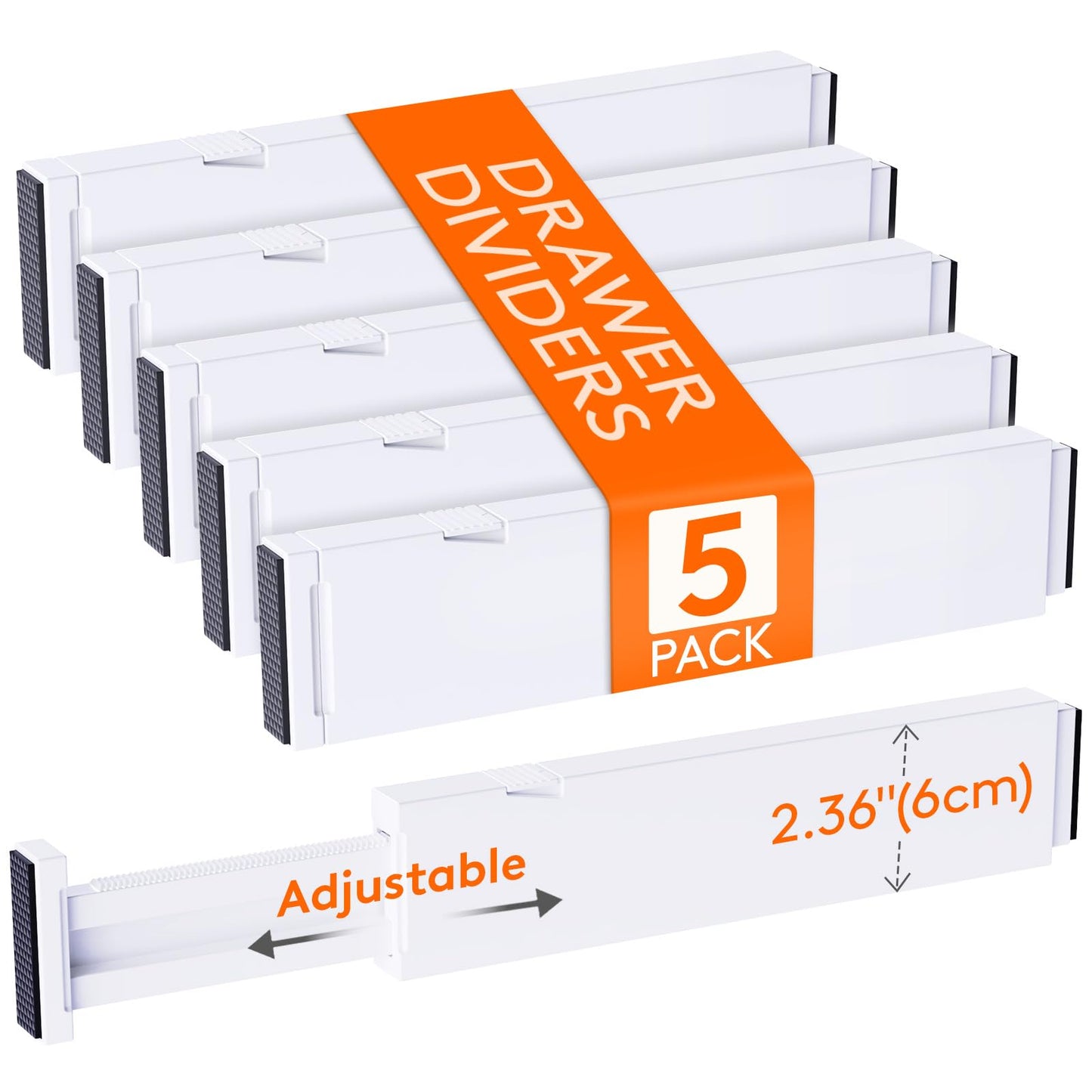 Lifewit 5 Pack 2.36" High Drawer Dividers 28-43.5cm/11-17" Adjustable Drawer Organizer for Clothes/Utensils, Expandable Drawer Separator in Dresser/Kitchen/Bedroom/Office Organization & Storage White