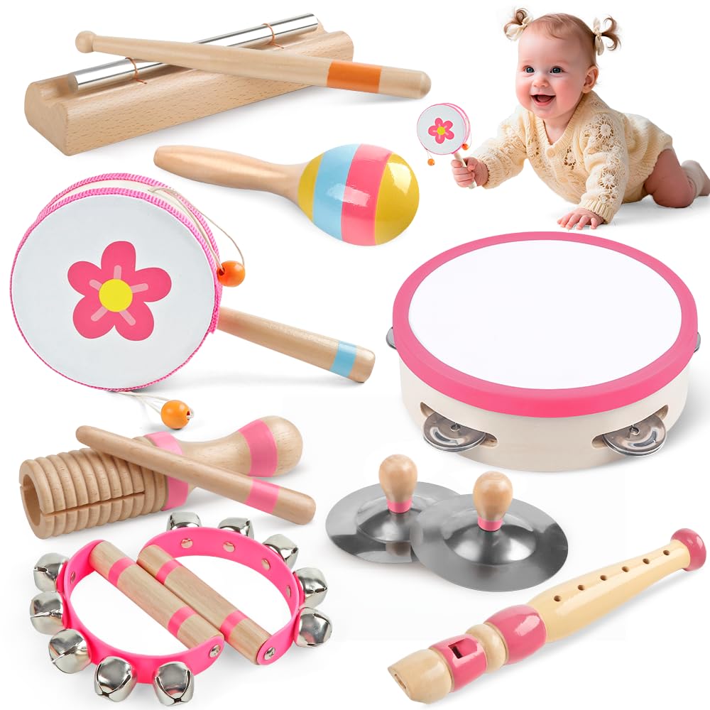 Toddlers Musical Instruments for 18 Month+ Girl,Baby Montessori Wooden Musical Toys for Toddlers,Kids Musical Toy for Preschool,Christmas Birthday Gift for Baby Girls Pink 8 in 1
