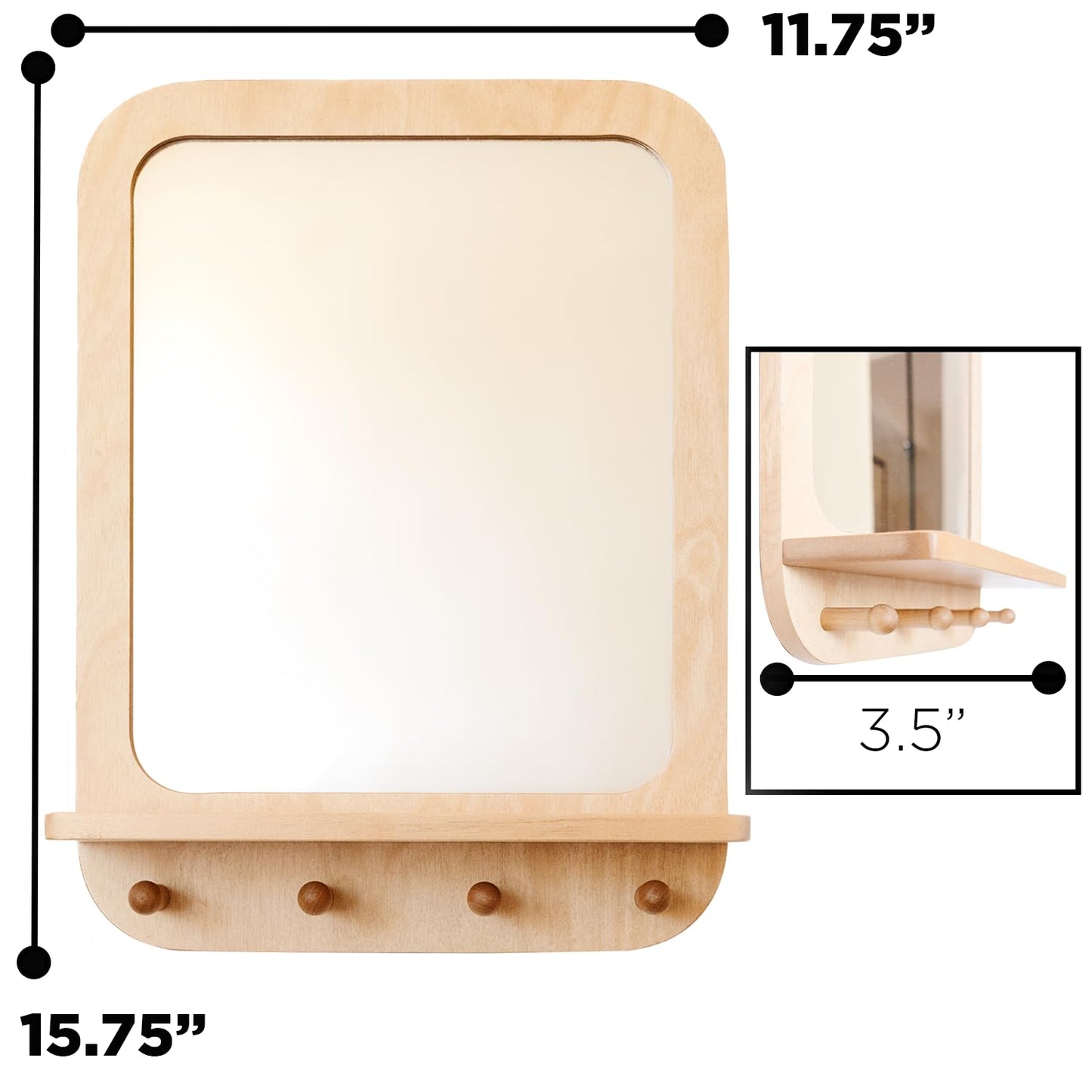 Montessori Wooden and Acrylic Wall Mirror with Hooks for Toddlers - Entryway Mirror with Hooks and Shelf Organizer Self-Care Station