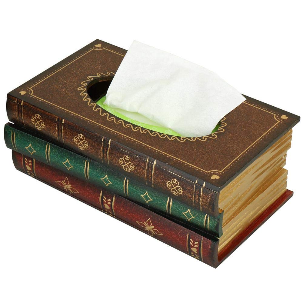 Elegant Wooden Antique Book Tissue Holder Dispenser/Novelty Napkin Holder,Modern Square Paper Facial Tissue Box Cover Holder for Home Office Car Decoration (Sienna)