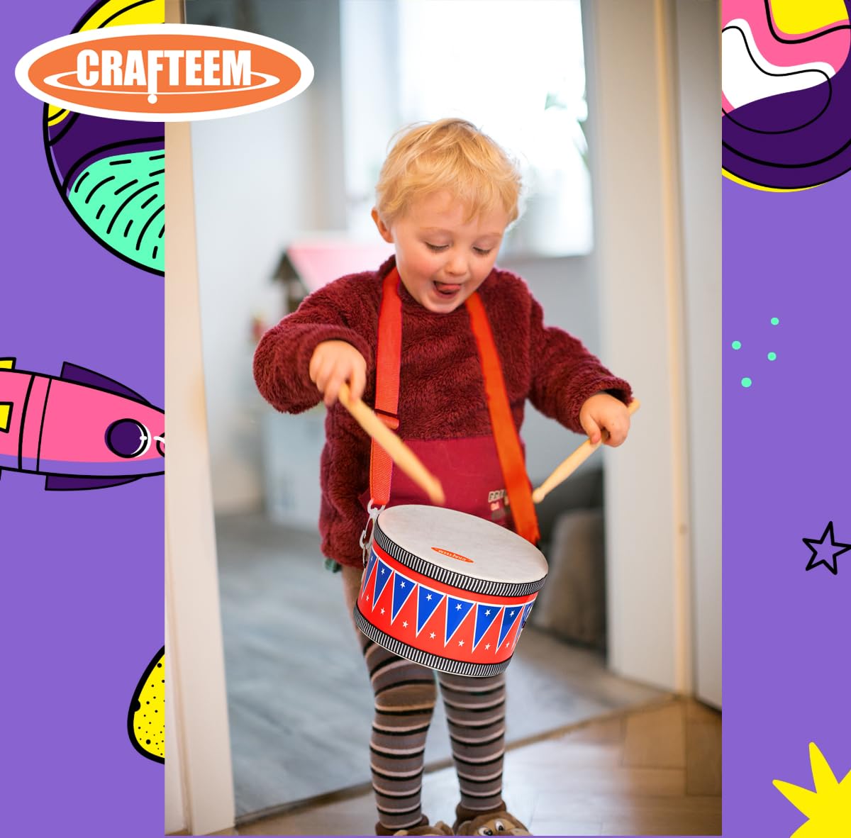 CRAFTEEM Kids Set for Toddlers - Baby Musical Toy w/Wrist Bells, Drum Sticks & Fun Drum Instrument for Boys & Girls - Educational Christmas Birthday Gift.