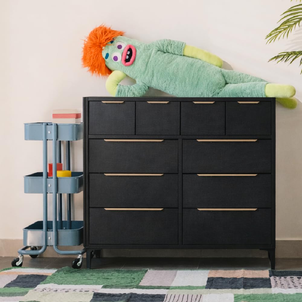 tinge Naima Premium Fabric Dresser - Strong Metal Frame, 10 Spacious Sag-Proof Drawers with Sleek Metal Handles - Premium & Durable Storage Solution for Your Home (Black)